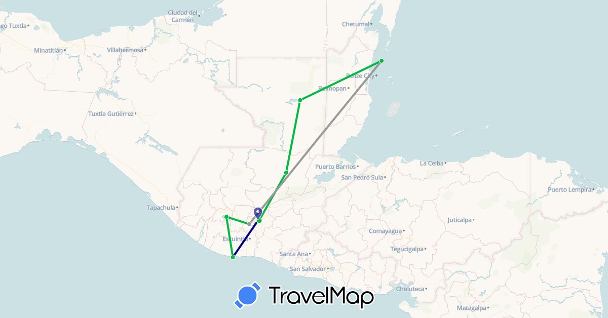 TravelMap itinerary: driving, bus, plane in Belize, Guatemala (North America)